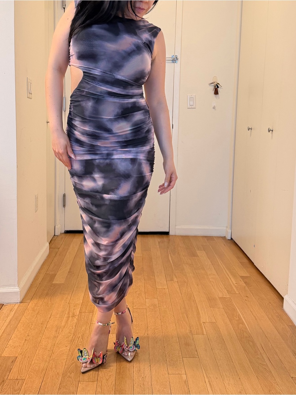 Zara Sleeveless Tie-Dye Midi Dress in Purple and Black